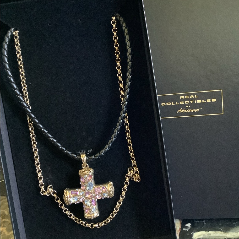 New Real Collectibles By Adrienne chunky gemstone cross leather chain necklace